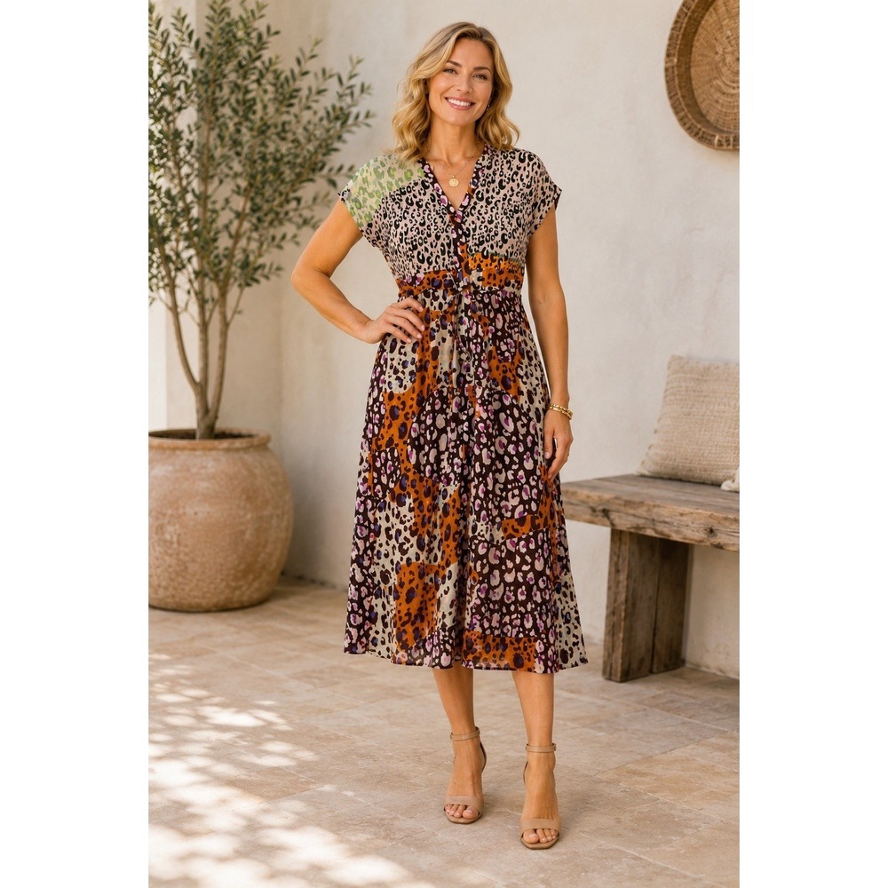 Cabi Escape Animal Print Sheer V-Neck Tie Waist Midi Dress Boho Purple Small